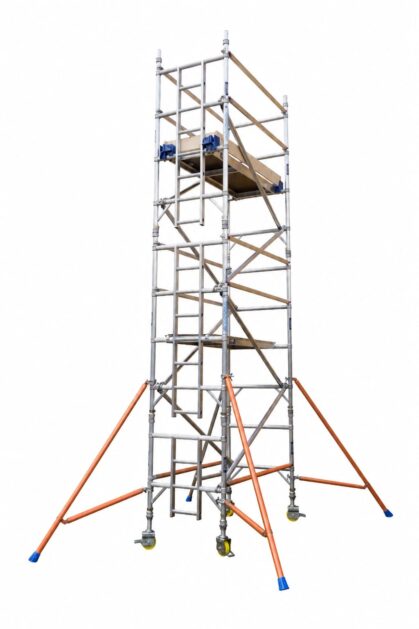 LEWIS 3T industrial scaffold tower with orange stabilisers